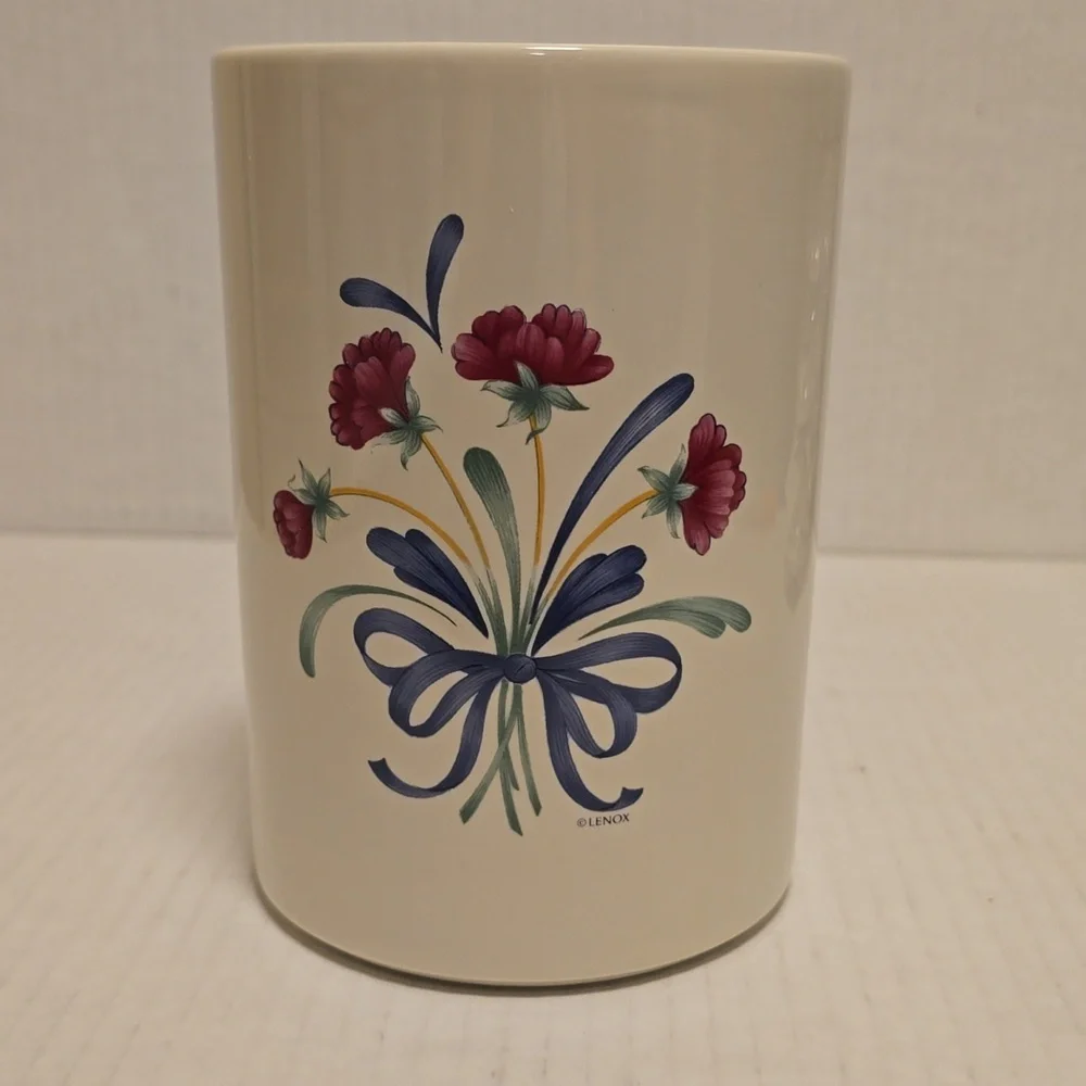 Beautiful Lenox Floral Ceramic Mug with Blue Ribbon Design